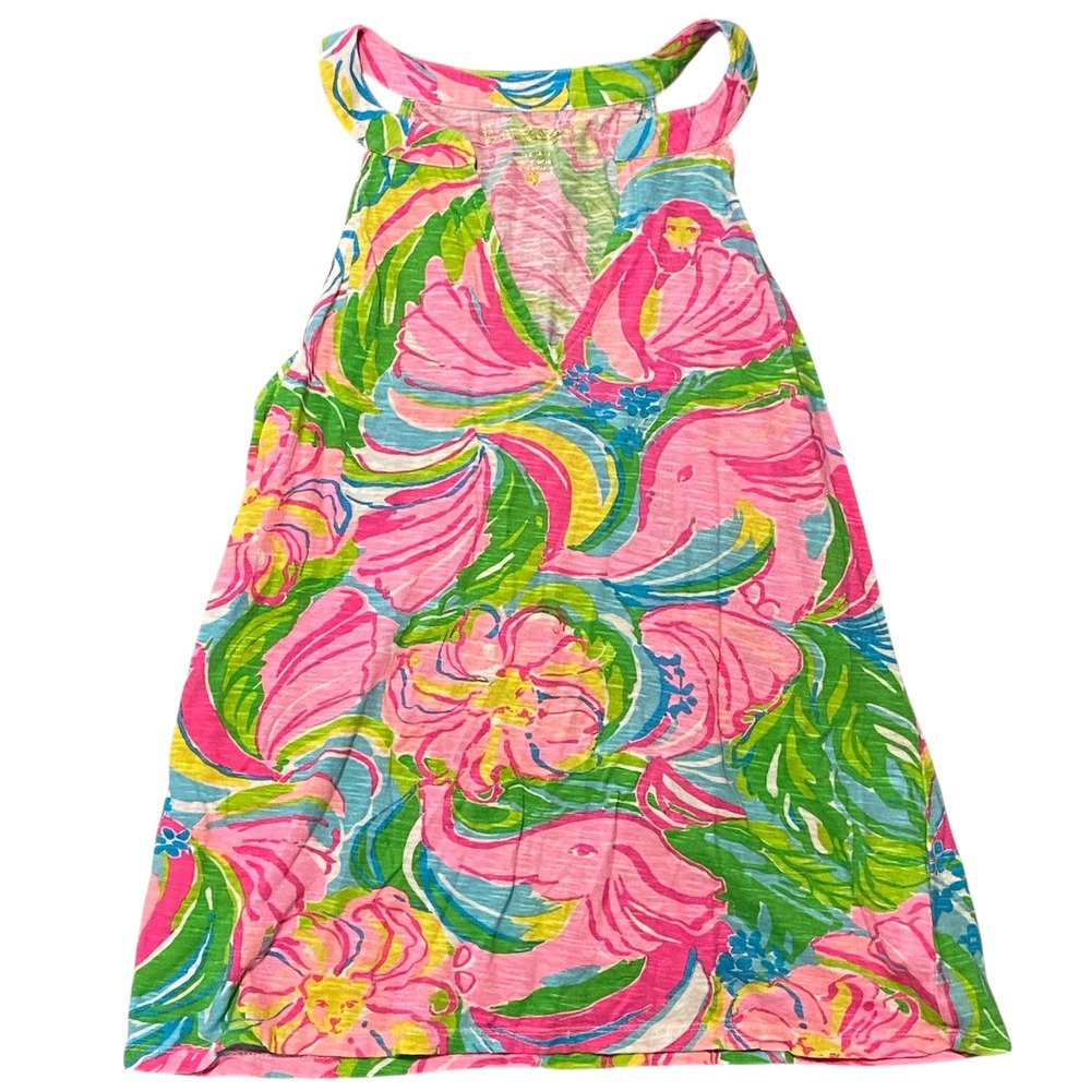 Lilly Pulitzer Womens Pink Green Elephant Floral Cotton Slub‎ V-Neck Tank Top S